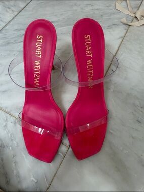 Stuart Weitzman Hot Pink Clear-Strap Slide Heels